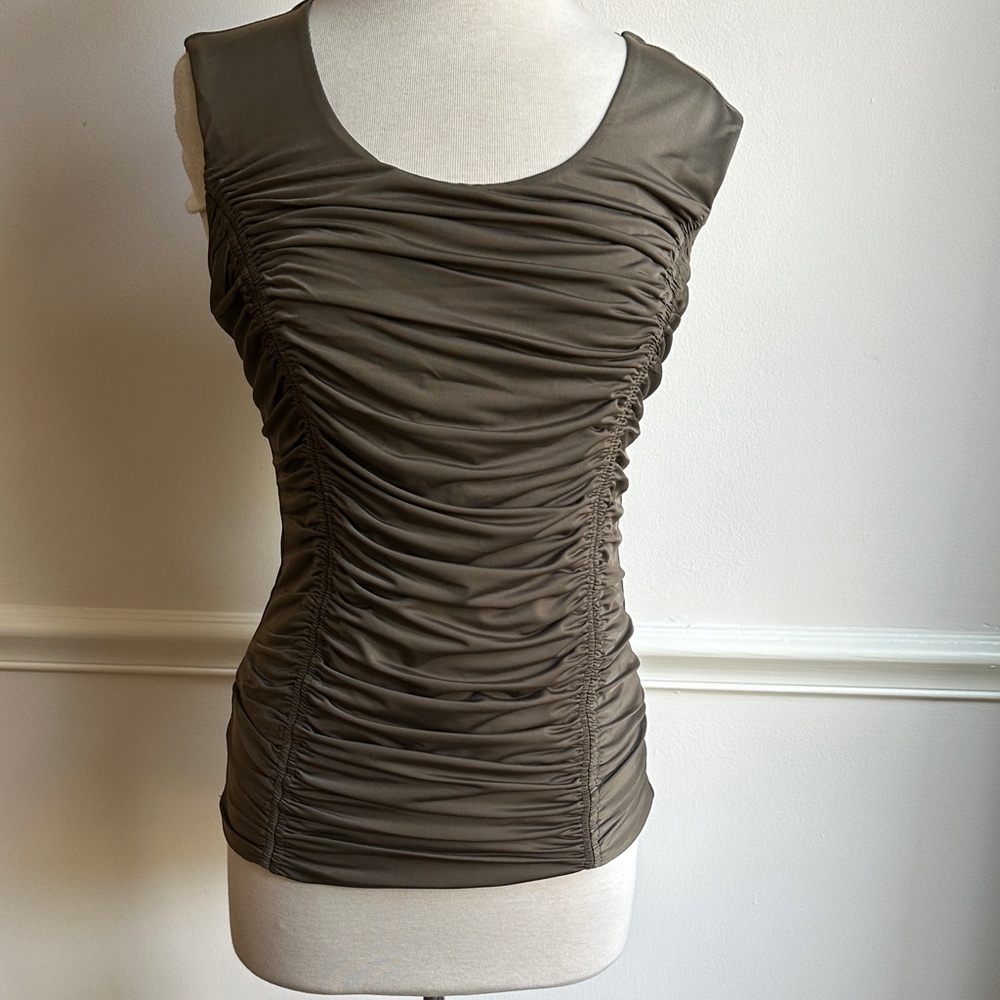 Carmen Marc Volvo Top Brown Gathered Ruched Front Sleeveless Lace inset Med EUC
